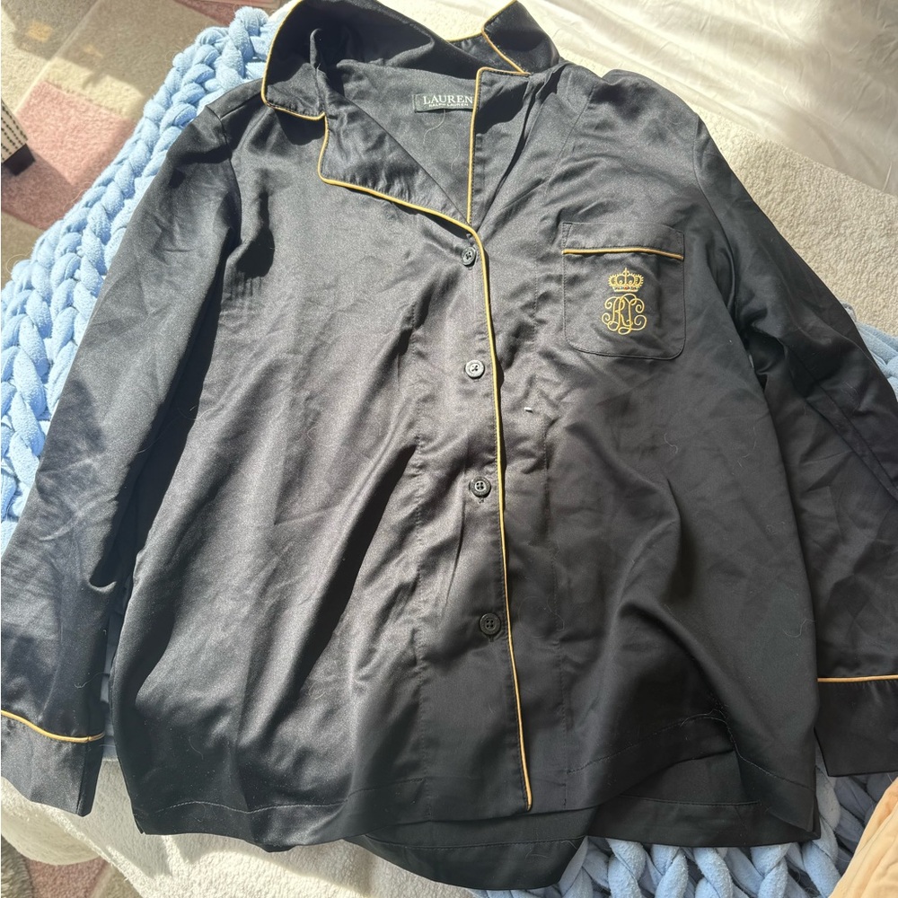 Ralph Lauren Black Satin Pajama Top with Gold Trim